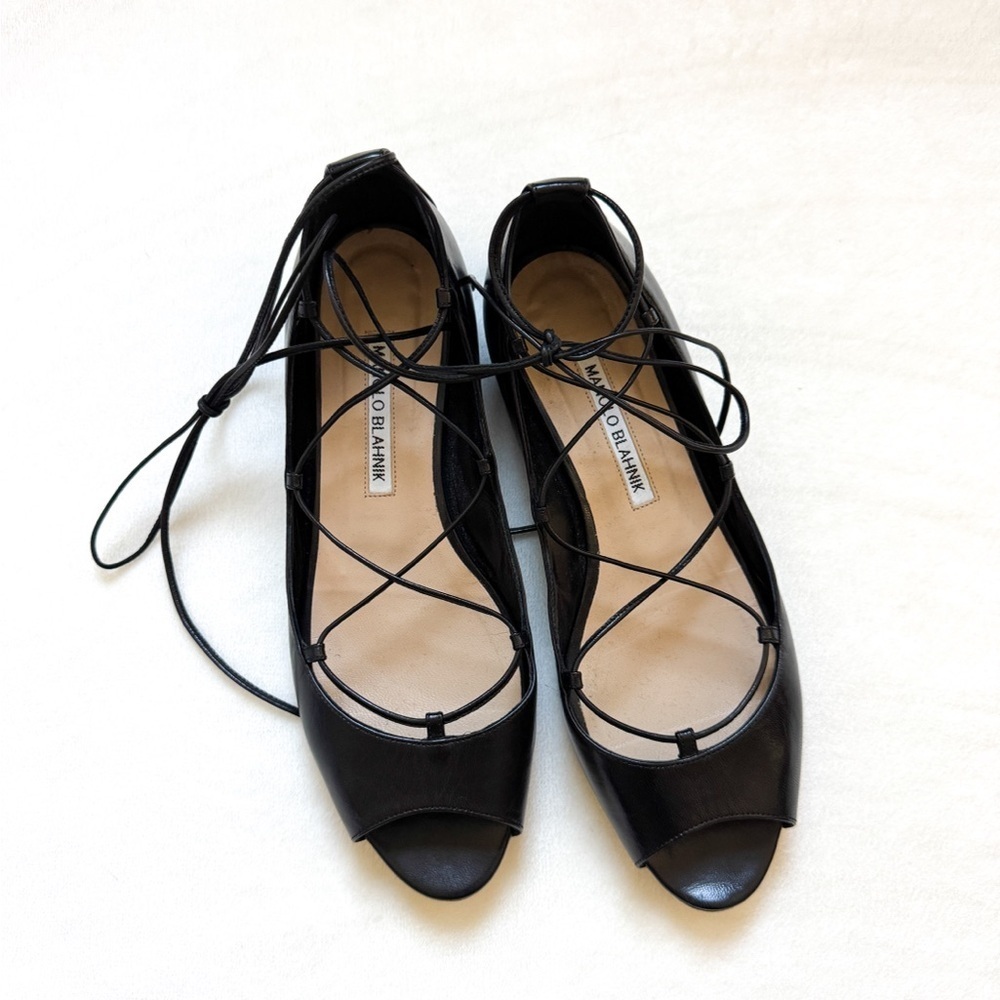 Manolo Blahnik Lace Up Open Toe Flats - Picture 3 of 6